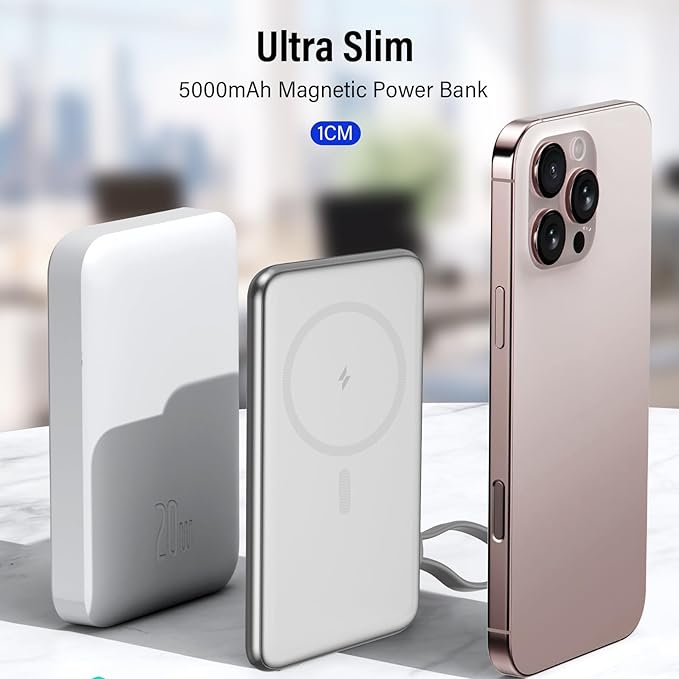 Magnetic Portable Charger, 5000mAh Ultra Slim Mag Power Bank, Wireless Battery Pack with USB C Cable, 20W PD Fast Charging, Magnetic Phone Charger for iPhone 16/15/14/13/12 Pro/Pro Max/Mini Series
