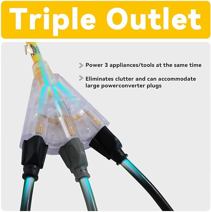 EP 6 Ft 12 Gauge Heavy Duty Extension Cord, 15A 125V 1875W, 3 Outlet Indoor/Outdoor Power Cord with Lighted End, 12/3 SJTW Weatherproof Yellow, UL Listed