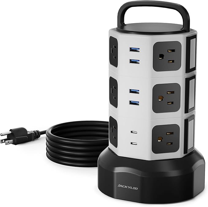 【10ft】 Power Strip Tower JACKYLED Surge Protector Electric Charging Station with 13A 12 Outlets 6 USB Ports Heavy Duty Extension Cord for Home Office Computer Nightstand Laptop Phone White Black