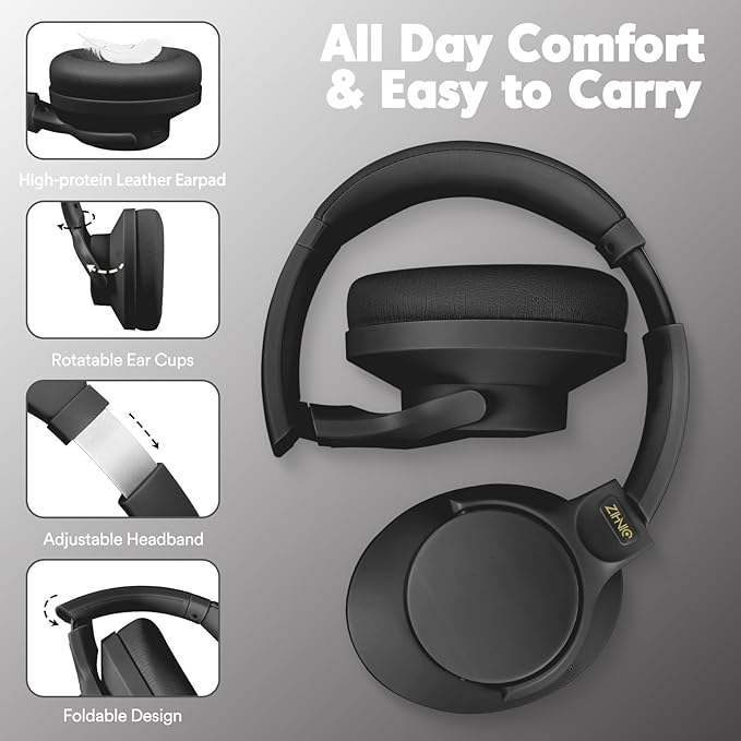ZIHNIC Active Noise Cancelling Headphones, 60H Playtime Wireless Bluetooth Headset Low Latency-Black