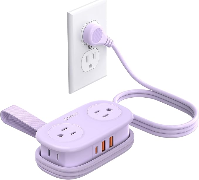 ORICO Purple Travel Power Strip PD20W with 4 AC Outlets 3 USB Ports (1 USB-C), 4FT Flat Plug Extension Cord, Compact Portable Design for Business Travel, Cruise Ship Essentials-AP3