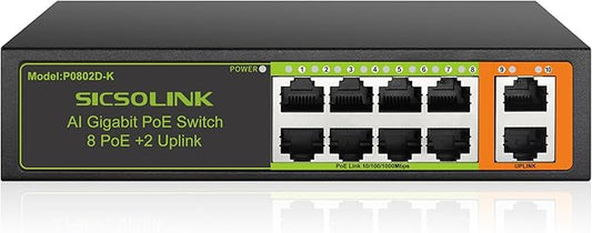 Gigabit 10-Port PoE+ Switch (8 PoE+ Ports, 2 Uplink), 802.3af/at, 120W Total Power, 1000Mbps, Unmanaged, Fanless, Metal Plug and Play, Suitable for IP Cameras, Networking Devices & Home Office.