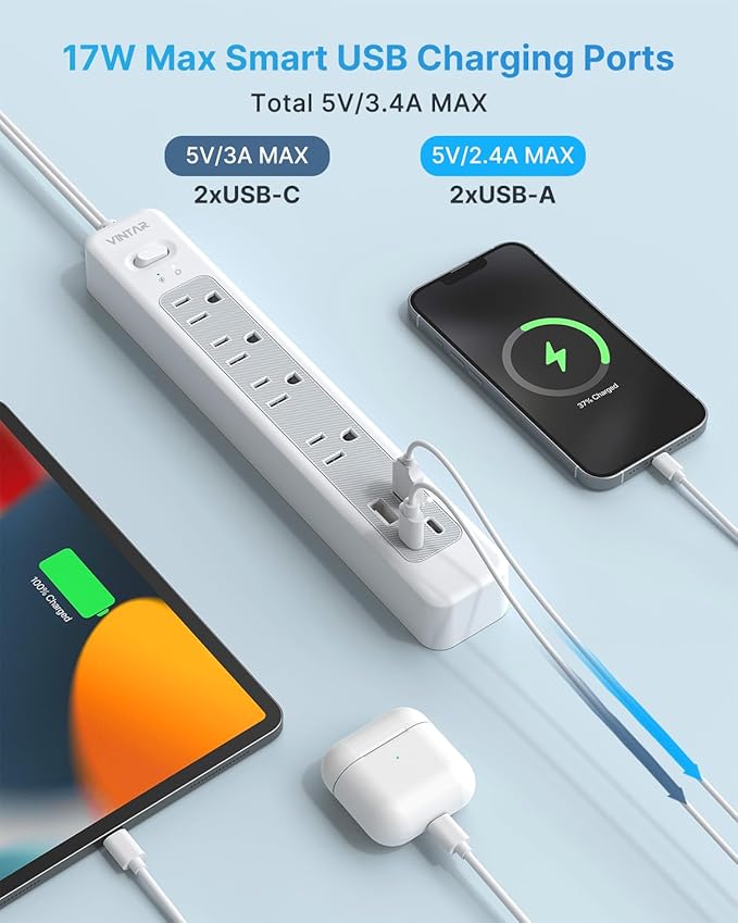 VINTAR 2 Prong Power Strip, 2 Prong to 3 Prong Outlet Adapter, 6ft Extension Cord with 4 Outlets & 4 USB(2 USB-C), 1440J Flat Plug Two Prong Surge Protector, Wall Mountable Ideal for Old House