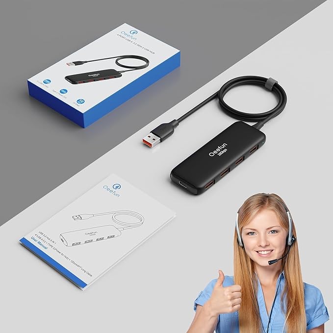 Qeefun 10Gbps USB 3.2 Hub with 4 USB A Data Ports, USB 3.2 Gen 2 Splitter, 4ft Extended Long Cable and Type-C Power Port, USB multiport Adapter for pc, Laptop, iMac, Mac mini, Dell XPS and More