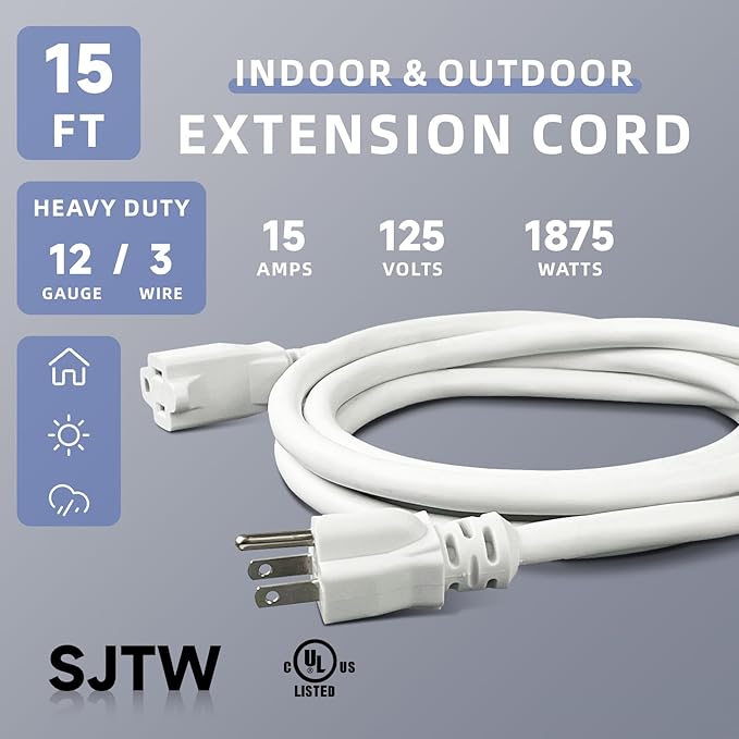 EP 15 Ft Outdoor Extension Cord, 12/3 SJTW Heavy Duty Extension Cable with 3 Prong Grounded Plug, 15 AMP Power Cord for Lawn, Garden, Appliances, White