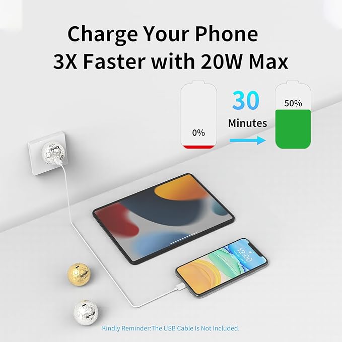 USB C Charger Block 20W，Creative Golf Ball Type C Wall Charger，GaN III Power Adapter with UL Certified，Fast Charging for iPhone 16/15 Series, Galaxy, Google Pixel,iPad,AirPods
