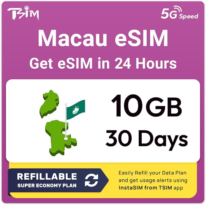 Macau eSIM | 10GB Super Saver Refillable Plan! QR Code Sent via Email in 24Hrs - Scan & Use Immediately | Auto Activating 30 Day Validity | 5G Speed + Hotspot | Data-Only No Phone Number