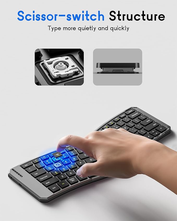 MoKo Ergonomic Foldable Keyboard, Split Portable Folding Bluetooth Keyboard for Business Travel, Ultra Slim Rechargeable Wireless Keyboards for iOS/Android/Windows Tablet PC Smartphone