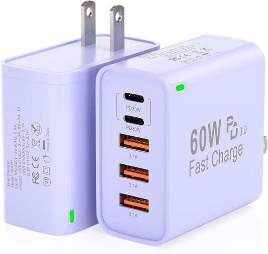 2Pack USB C Fast Charger Block, 60W 5-Port USB C Wall Charger 30W Type C Charging Block, 2USB C+3USB A PPS/PD 3.0 Multiport Charging Cube for iPhone 17 16 15 14 Pro Max,for Galaxy S25 S24 Ultra, i Pad