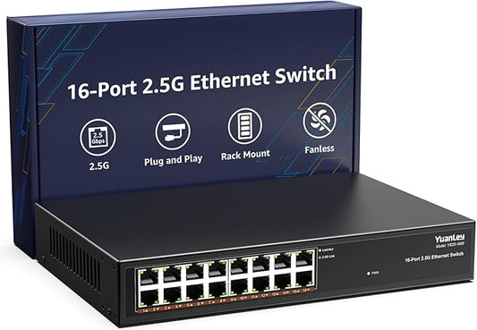 YuanLey 16 Port 2.5GB Umanaged Ethernet Switch, 16 x 2.5G Base-T Ports, Compatible with 100/1000/2500Mbps, Metal Fanless, Desktop/Rack Mount YuanLey 2.5 Gigabit Network Switch for Wireless AP, PC