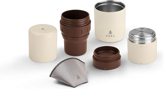 Nest Pour Over Coffee Kit | Coffee Maker for Camping | All-In-One Travel Pour Over | Transportable Dripper, Two 10oz Stainless Steel Travel Mugs | Compact Storage & Adventure Ready | Sahara