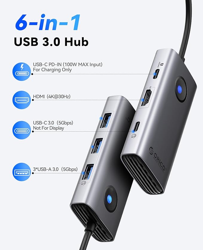 ORICO 6-in-1 USB C Docking Station with 4K HDMI, 3 USB-A 3.0 & 1 USB-C 3.0 Ports (5 Gbps), 100W PD Charging, Multiport Adapter for Windows, Mac