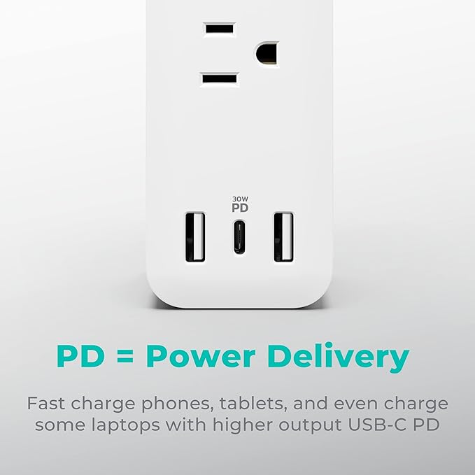 KMC USB-C PD Surge Protector 3-Outlet Power Strip, 30W Power Delivery USB-C Port, 2 USB-A Ports, 980J Surge Protection, 6-Foot Extension Cord, White