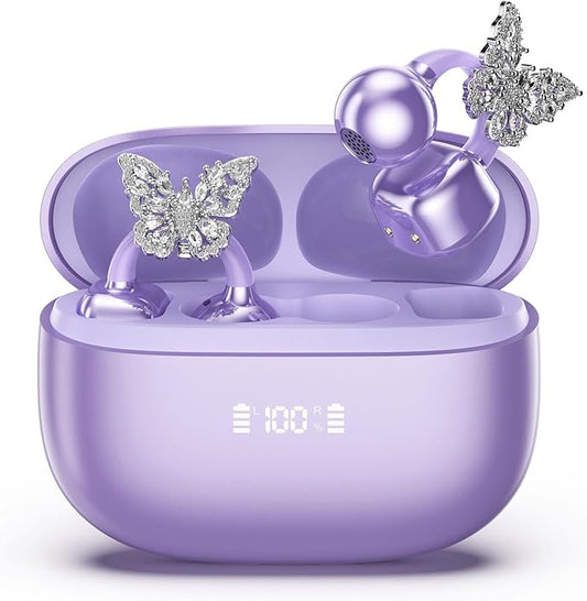 PAXA Bling Open Ear Clip On Earbuds with LED Display & Crystal Butterfly Earrings, Comfort Bluetooth 5.4 Wireless Ear Buds 50H Playtime for Women Girl Work, Fitness, Daily Wear, Gift, Purple