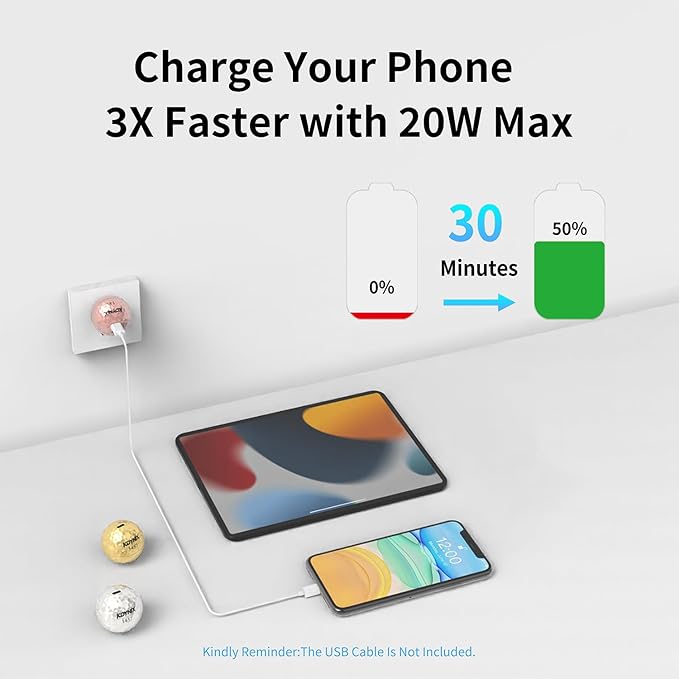 USB C Charger Block 20W，Creative Golf Ball Type C Wall Charger，GaN III Power Adapter with UL Certified，Fast Charging for iPhone 16/15 Series, Galaxy, Google Pixel,iPad,AirPods