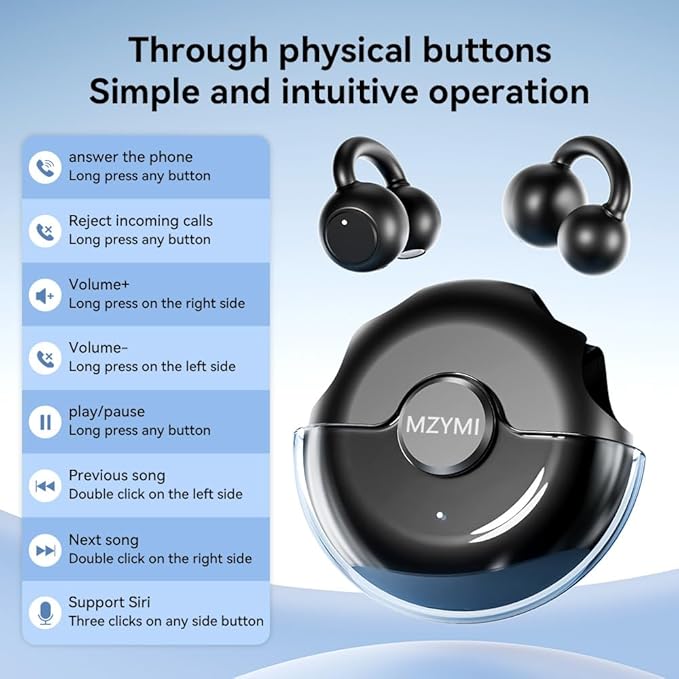 Open Ear Earbuds, Bluetooth 5.4 Clip On Headphones,with Mic, 56H Playtime, IPX5 Waterproof, Clip-On Fit, Clear Audio, for Small Ears, Workout Sports Running(Black)