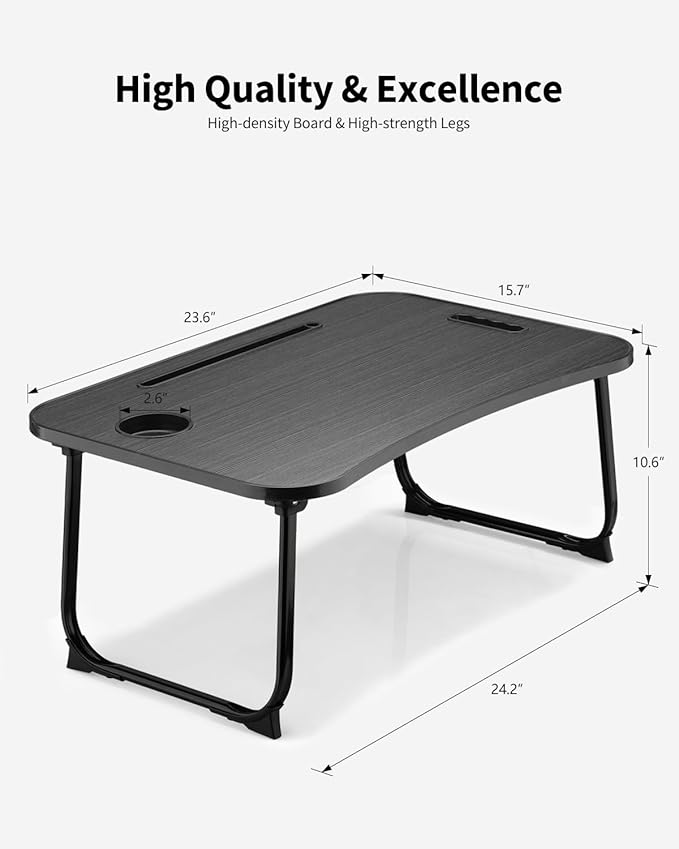 Foldable Lap Desk, Laptop Bed Desk, Portable Lap Table, Laptop Bed Table with Cup Holder & Tablet Slot & Lifting Handle for Working Writing Drawing & Eating - Black Wood