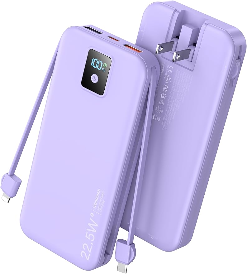 Portable Charger, 12000mAh 22.5W Fast Charging Power Bank with Built-in Cables & Wall Plug, Travel Essential Battery Pack with LED Display, USB C Battery Phone Charger for iPhone, iPad, Samsung Purple