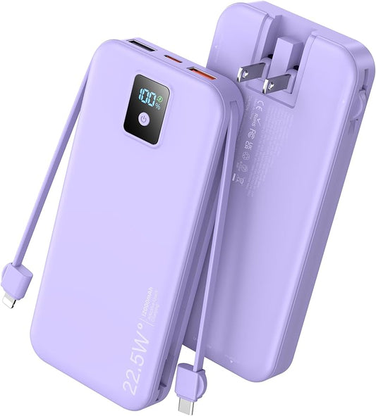Portable Charger, 12000mAh 22.5W Fast Charging Power Bank with Built-in Cables & Wall Plug, Travel Essential Battery Pack with LED Display, USB C Battery Phone Charger for iPhone, iPad, Samsung Purple