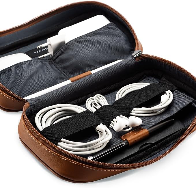 Leather Tech Organizer Nordweg NWA05 - Handcrafted Full-Grain Electronics Travel Case – Premium Leather Pouch for Cables, Chargers & Accessories – Essential Gift for Men & Women, Work & Travel - Brown