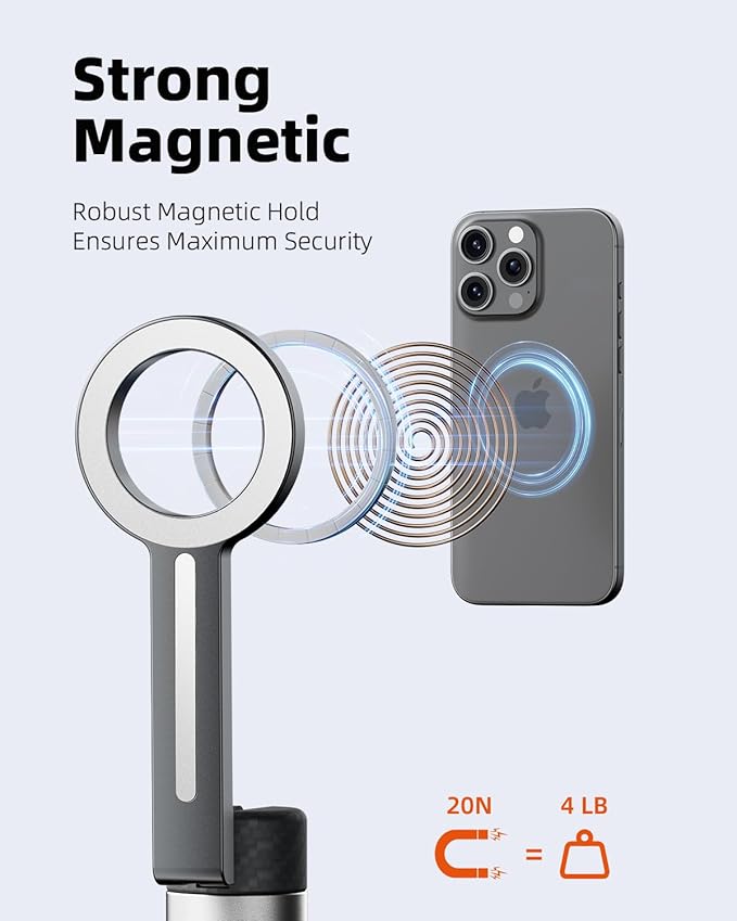 TODI 65" Magnetic Tripod for iPhone with Remote, Selfie Stick for iPhone Magsafe, Cell Phone Tripod Stand for Recording, Travel Tripod Compatible with 16/15/14/13/12 Series (Black Silver)