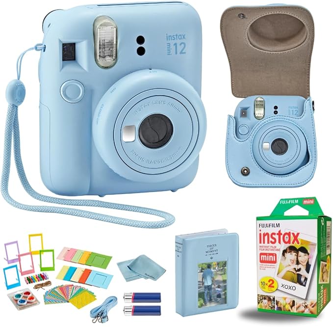 Fujifilm Instax Mini 12 Instant Camera Bundle - Includes 20 Shots Film, Custom Case, Deluxe 60-Pocket Photo Album & BluebirdSales Accessories - Auto Exposure, Selfie Mirror, Pastel Blue