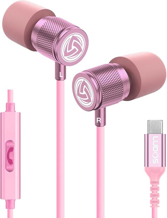 LUDOS Ultra USB C Headphones for iPhone 17 16 15 Pro Max Plus Air iPad Pro, 5 Years Warranty, Magnetic USB-C Earbuds for Samsung Galaxy S24 S23 Ultra S22 S21 FE S20 A55, USB Type C Earphones - Pink