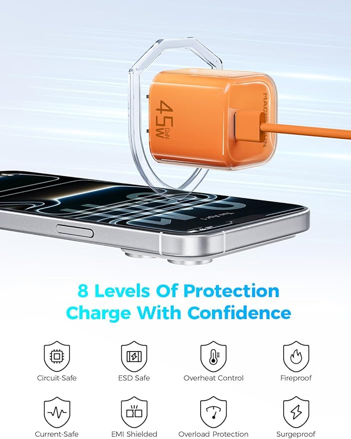MAGIC JOHN 45W USB C Charger Block, Ultra-Fast Charging for iPhone 15/16/17 & More, Compatible with iPhone, iPad, Samsung, and Other USB C Devices Orange