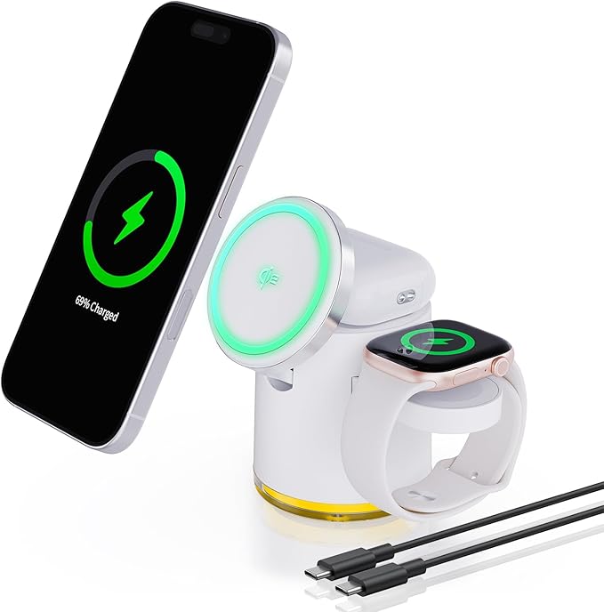 3 in 1 Wireless Charging Station,Qi2 Certified 15W Magnetic Wieless Charger with Night Light,for iPhone 12-17 Series,Apple Watch,Airpods (White)