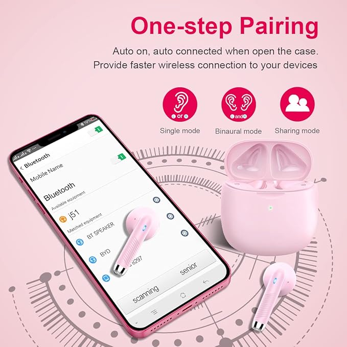 Wireless Earbuds, Bluetooth 5.4 Headphones in Ear with Noise Cancelling Mic, Bluetooth Earbuds Stereo Bass, IP7 Waterproof Sports Earphones, 32H Playtime USB C Charging Ear Buds Pink for Android iOS
