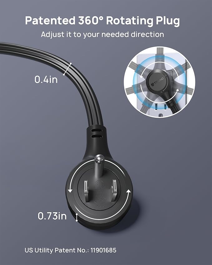 TROND 360° Rotating Flat Plug Extension Cord 15ft, Low Profile Small Power Strip, 3 Side Grounded Outlet, 13A, SPT 16/3 Gauge Cable for Indoor Home Office Kitchen Cruise Travel Essentials, Black