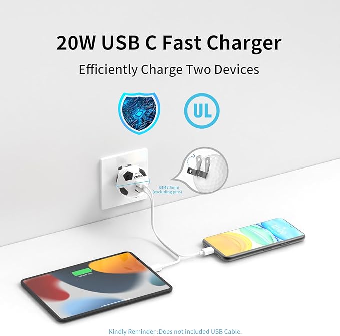 20W Dual Port Creative Golf Ball Charger Block， GaN III Power Adapter Fast Wall Charger with UL Certified, Fast Charging for iPhone 16/16 Pro/16 Pro Max/16 Plus/15/14/13/12, Galaxy, iPad, Airpods