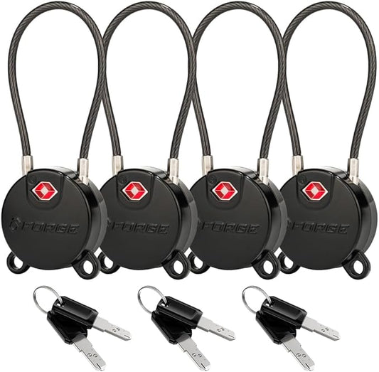 Forge TSA Approved Luggage Locks Ultra-Secure Dimple Key Travel Locks with Zinc Alloy Body- Black 4 Cable Locks