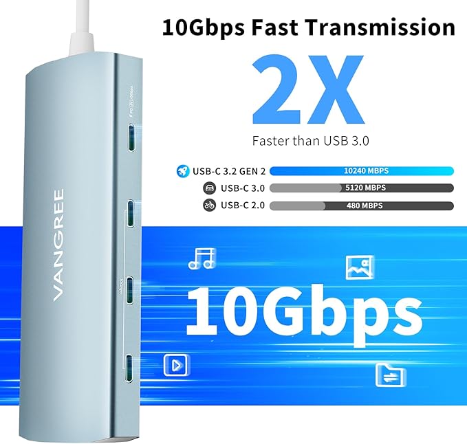 USB C Hub 8 in 1 Multiport Adapter, 3 USB 3.2 Gen 2 Ports with 10Gbps, 3 USB-A 3.0 5Gbps, 4K@60Hz HDMI, 100W PD, USBC Splitter for MacBook Pro, iPad Pro, Mac mini and More(Not Support USB-C Monitor)