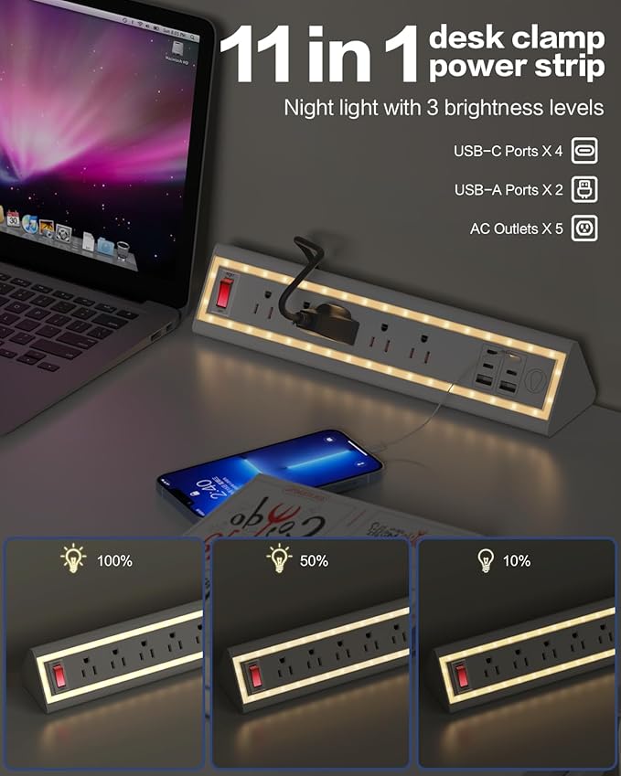 Desk clamp Power Strip (White, 5 Outlets & 6 USB Ports)