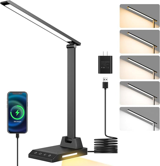 ShineTech LED Desk Lamp for Home Office, Dimmable Desk Light with USB C Charging, 25 Modes Brightness and Colors, Eye Caring Foldable Reading Light, Table Lamp for Study Nightstand