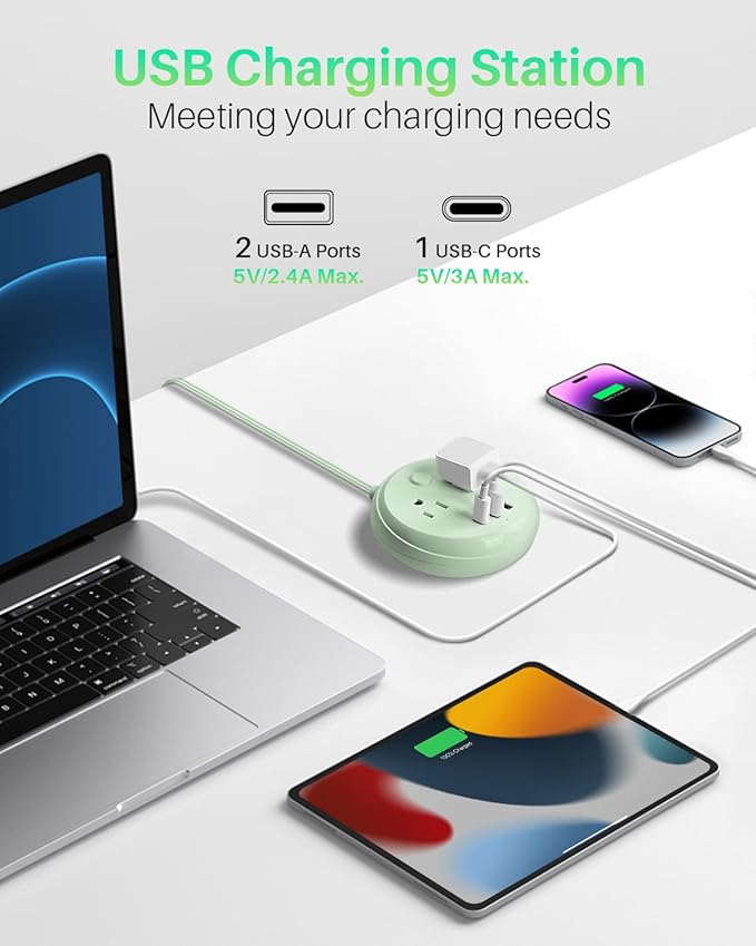 Flat Plug Power Strip with USB C Ports, KOOSLA Travel Extension Cord No Surge Protection - 2 Outlets 3 USB Ports(1250W) - Cruise Essentials for Cruise Ship, Home, Office, Dorm Room, 10ft