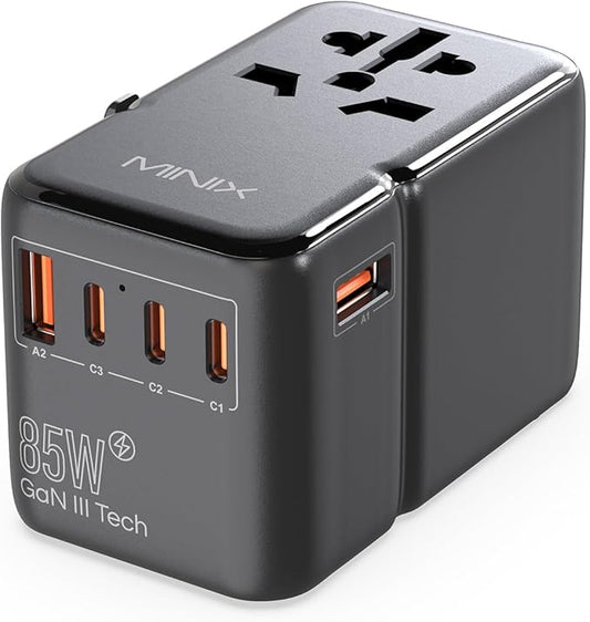 MINIX 85W Universal Travel Adapter, GaN III International Power Adapter, 3 USB-C 2 USB-A Ports, AC Outlet, Worldwide US/UK/EU/AU Travel Charger for Laptops Tablets Phones and More