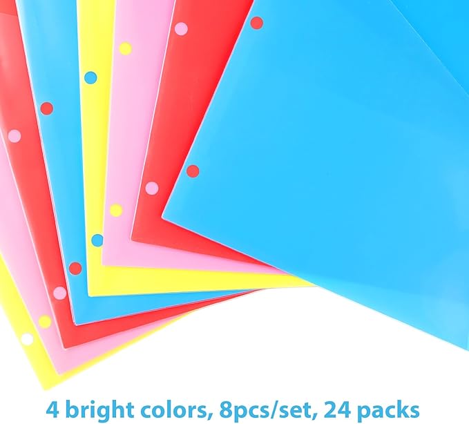 8 Tabs Plastic Dividers with 2 Clear Pockets - 3 Sets, Pocket Dividers for 3-Ring Binders, Multi-Color Binder Dividers, Total 24 Tabs