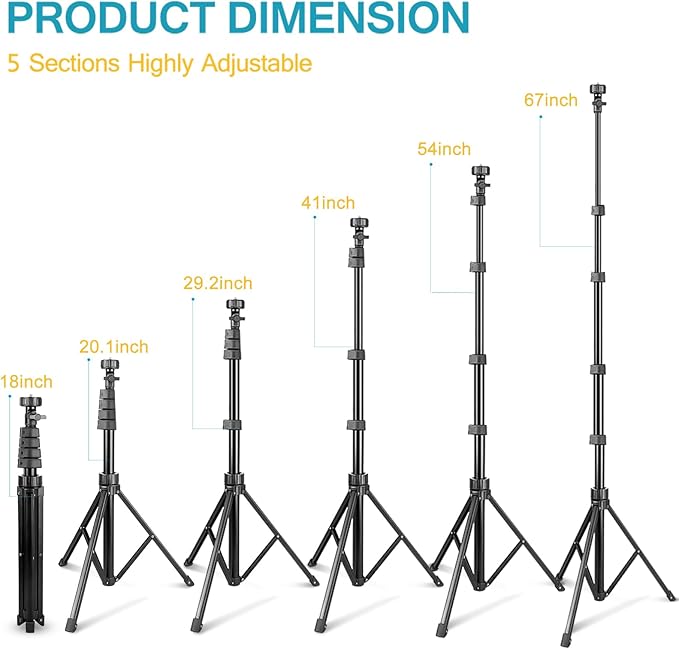 Aureday 67" Phone Tripod, Extendable Cell Phone and Camera Tripod Stand with Wireless Remote & Phone Holder, Aluminum Selfie Stick Tripod