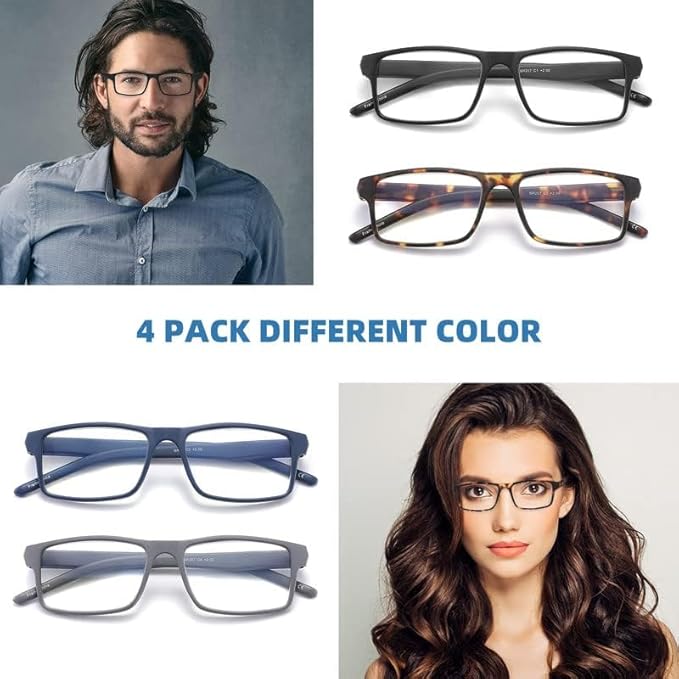 4 Pack Reading Glasses Blue Light Blocking for Men Women,Rectangular Frame Computer Readers with Spring Hinge,Reading Glasses for Men Women，Anti Eyestrain/UV Ray Eyeglasses (2.0x)
