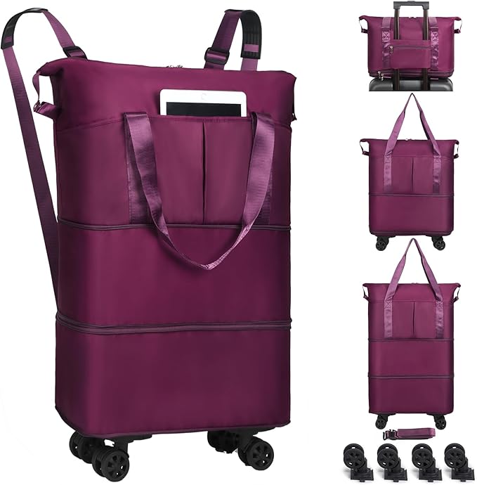 VOOWO Duffel Bag with Wheels - Rolling Foldable Expandable Duffle Bag with Wheel for Travel, Rolling Luggage Bag Carry On Travel Bag with Wheels, Large Wheeled Overnight Weekender Bags (Deep Purple)