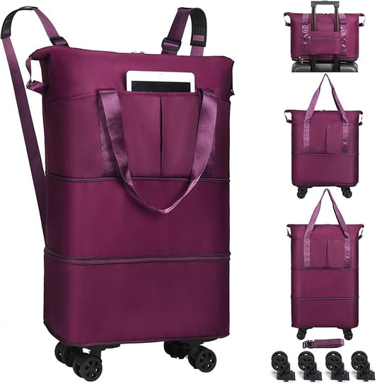 VOOWO Duffel Bag with Wheels - Rolling Foldable Expandable Duffle Bag with Wheel for Travel, Rolling Luggage Bag Carry On Travel Bag with Wheels, Large Wheeled Overnight Weekender Bags (Deep Purple)