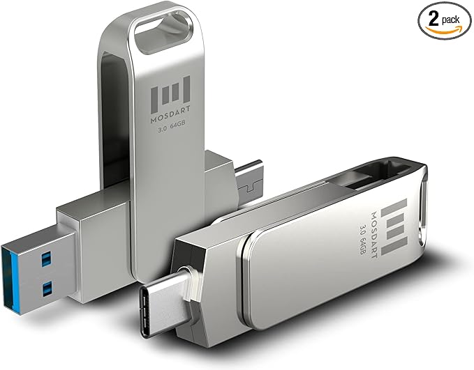 MOSDART 64GB USB3.1 Fast Speed C and A Dual Flash Drive, exFAT Memory Stick with Keychain Loop, for iPhone 15 and 16, Android Phone, iPad, MacBook, Silver(Pack of 2)