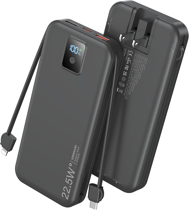 Portable Power Bank, 12000mAh 22.5W Fast Charging Phone Charger with Built-in Cables & Wall Plug, Travel Essential Battery Pack with LED Display, USB C Battery Charging Bank for iPhone, Samsung Black