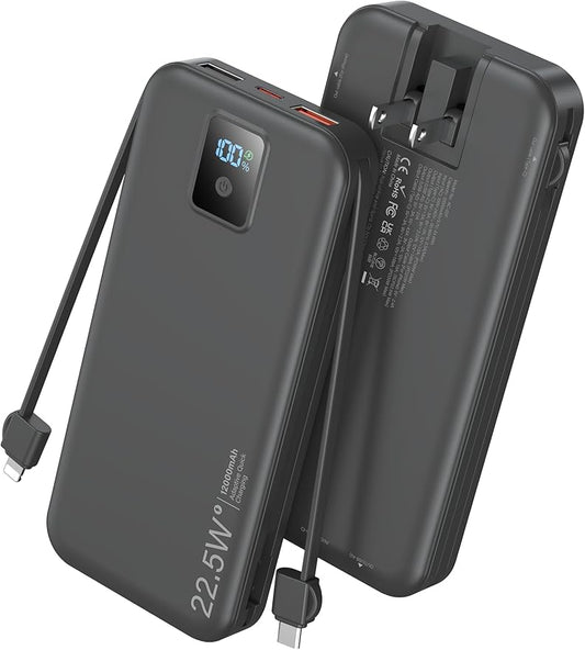 Portable Power Bank, 12000mAh 22.5W Fast Charging Phone Charger with Built-in Cables & Wall Plug, Travel Essential Battery Pack with LED Display, USB C Battery Charging Bank for iPhone, Samsung Black