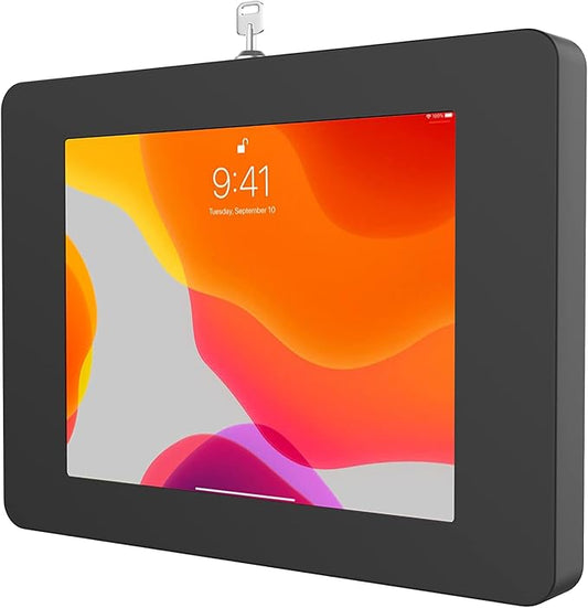 Locking iPad Wall Mount - CTA Anti-Theft Small Locking Tablet Enclosure w/ Key Lock & Interior Cable Routing for iPad Mini 1, 2, 3, 4, 5, 6, Samsung Tab A 8″, Lenovo Tab E8 - Black - (PAD-PSWB)