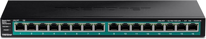 TRENDnet 16-Port Gigabit PoE+ Switch, 16 x Gigabit PoE+ Ports, Up to 30W Per Port, 1U 19” Rackmount Brackets Included, Fanless, Lifetime Protection, Black, TPE-TG161H