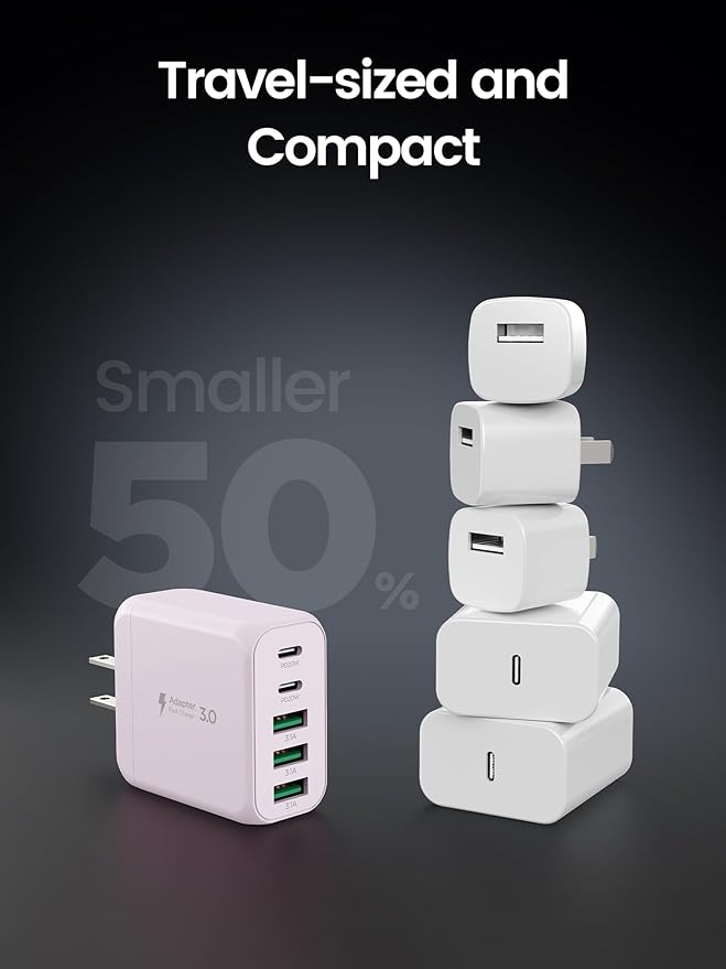 USB C Charger Block, [2-Pack] Type C Charger Fast Charging,50W 5-Port USB Wall Charger Multiport Type C Charging Block Cube for iPhone 17/16/15/14/13/12/11 Pro Max XS,iPad,Samsung&More-Pink