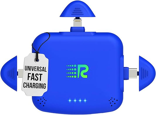 Rush Charge Universe 3 in 1 Portable Charger – 3300mah, 2.4A High-Speed Fast Charging Compatible with iPhone and Android Lightning, Type C, Micro-USB Charges 3 Devices at a Time Pre-Charged RC33 Blue